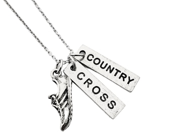 Cross Country Runner Pewter Necklace - Pewter Running Shoe Charm with 2 Pewter Pendants on 18 inch Stainless Steel Cable Chain