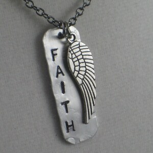 FAITH with WING Necklace - Rustic Artisan Aluminum Dog Tag Style Necklace on 24 inch gunmetal chain - Faith Jewelry - Faith Dog Tag - Angel