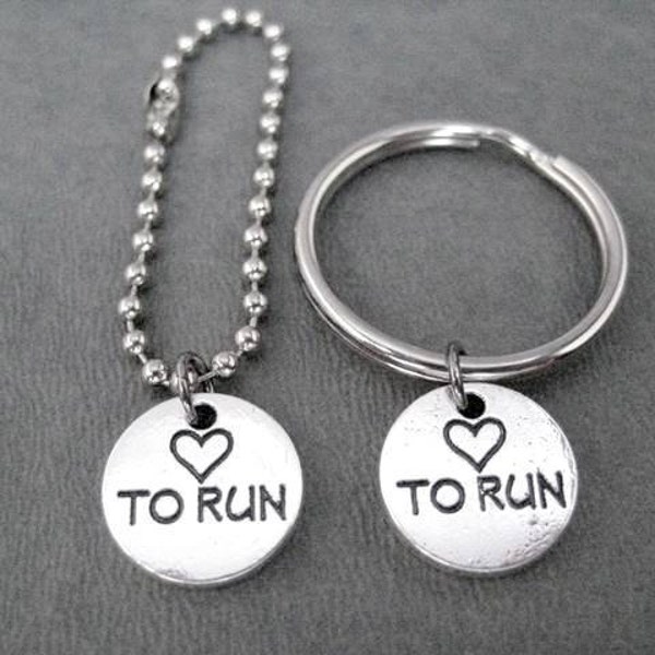 HEART TO RUN Round Pewter Pebble Charm Key Chain / Bag Tag - 4 inch Ball Chain or Round Key Ring - Love to Run Key Chain - Love Run Bag Tag