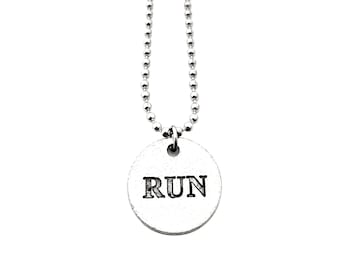 RUN Round Pendant Necklace/Key Chain/Bag Tag on Stainless Steel Ball Chain - Unisex Runner - Run Bracelet - Run Key Chain - Runner Necklace