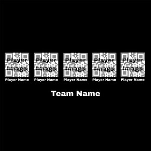 May include: A black background featuring five QR code boxes, each with "Player Image" and "Player Name" beneath. The text "Team Name" is centrally positioned. This design is clean and contemporary, ideal for team branding.