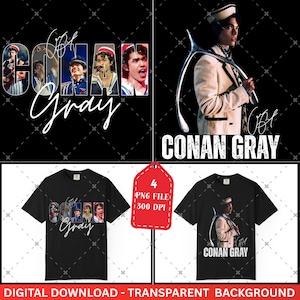 May include: Black t-shirts featuring images of Conan Gray. One design shows a collage of photos with the name "Conan Gray" in a script font. Another design displays a photo of Conan Gray with the text "Conan Gray".