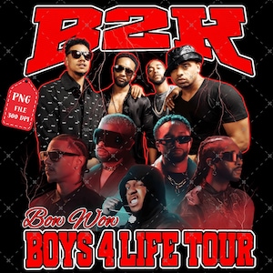 Może przedstawiać: Projekt graficzny przedstawiający grupę mężczyzn w okularach przeciwsłonecznych. Projekt zawiera czerwony tekst "B2R" oraz "Bow Wow" i "BOYS 4 LIFE TOUR" w kolorze czerwonym i białym. Etykieta pliku PNG znajduje się w lewym górnym rogu.