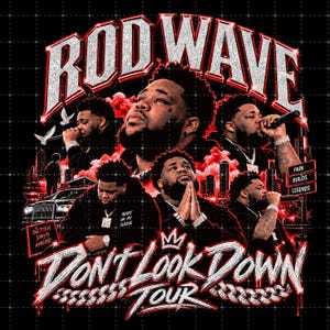 Puede incluir: Un diseño gráfico con Rod Wave y el texto ROD WAVE, DON'T LOOK DOWN TOUR, PAIN BUILDS LEGENDS, HEART ON MY SLEEVE y BETTER DAYS AHEAD. La composición incluye varias imágenes del artista, humo rojo, un paisaje urbano y un automóvil.