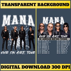 Könnte beinhalten: Eine digitale Grafik mit der Band Maná, dem Text MANA VIVIR SIN AIRE TOUR links und MANÁ VIVIR SIN AIRE TOUR SE AGREGAN NUEVAS FECHAS mit einer Liste von Tourdaten rechts, vor einem dunkelblauen Hintergrund.