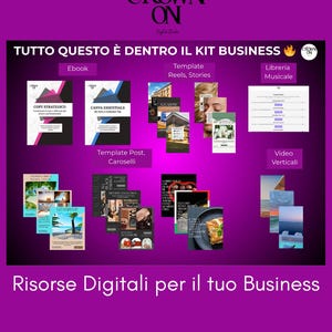 Può includere: Grafica viola con il testo "CROWN ON". L'immagine mostra varie risorse digitali, tra cui ebook, modelli e contenuti video, con testo in italiano. La frase "TUTTO QUESTO È DENTRO IL KIT BUSINESS" è in evidenza.