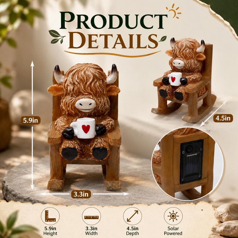 Solar Powered Miniature Highland Cow Decor, Fairy Garden Accessories, Outdoor Garden Statue, Resin LED Yard Light, Gift for Mom Grandma image 6