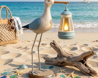 Solar Seagull Garden Statue with Lantern, Coastal Outdoor Decor, Resin Bird Ornament, Patio Yard Gift for Beach Lovers