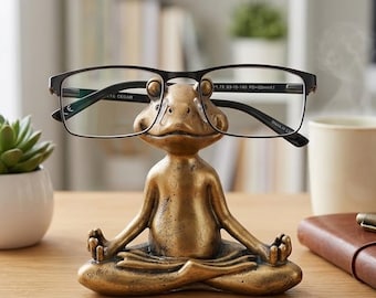 Top Brass Yoga Frog Eyeglass Holder Stand, Meditating Zen Lotus Pose Figurine, Desk Nightstand Glasses, Sunglass Display Rack Gift Decor