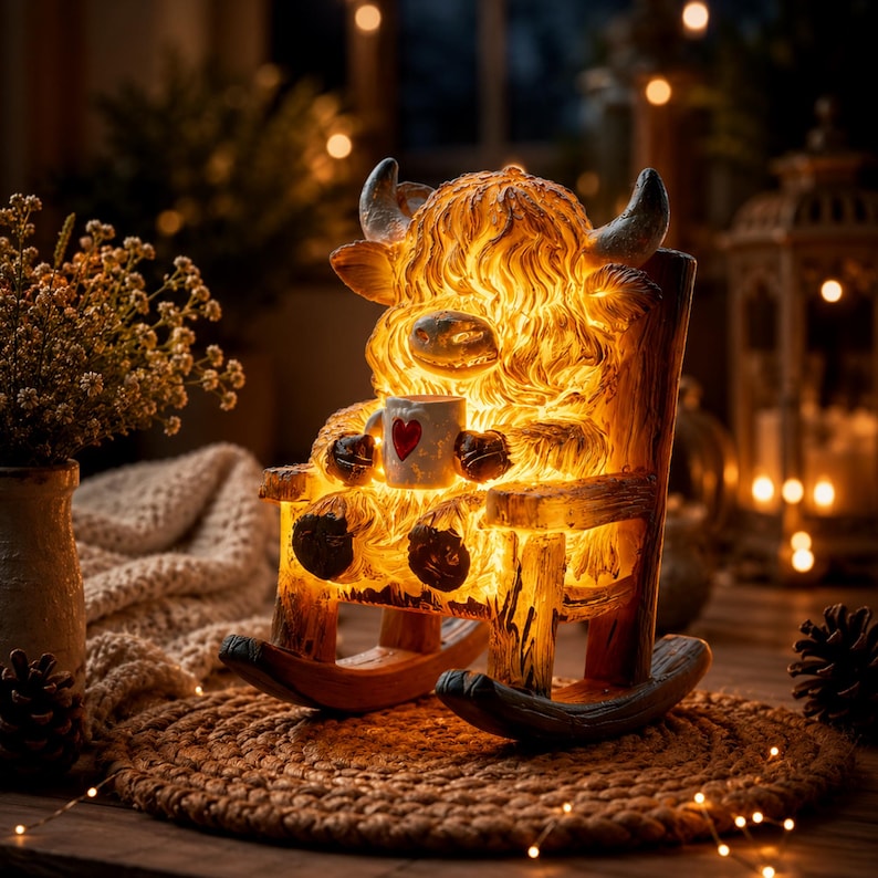 May include: A glowing, textured figurine of a shaggy Highland cow sitting in a wooden rocking chair. The cow is holding a small white mug decorated with a red heart. The entire figure emits a warm, golden light from within its sculpted form.