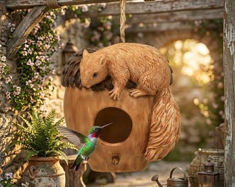 Hummingbird House for Outside, Acorn Birdhouse with Squirrel, Resin Hanging Nest Box, Garden Patio Backyard Decor Gift