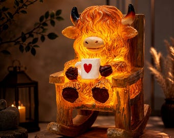 Solar Powered Miniature Highland Cow Decor, Fairy Garden Accessories, Outdoor Garden Statue, Resin LED Yard Light, Gift for Mom Grandma