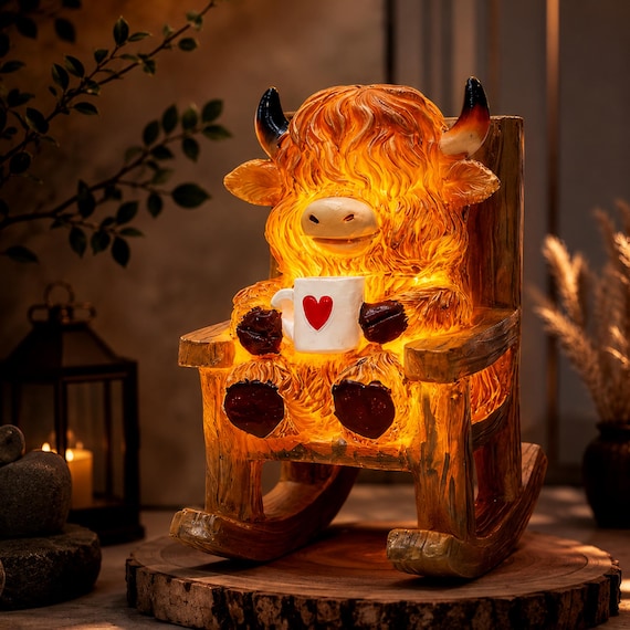 Solar Powered Miniature Highland Cow Decor, Fairy Garden Accessories, Outdoor Garden Statue, Resin LED Yard Light, Gift for Mom Grandma