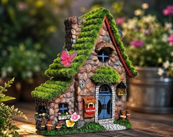 Solar Fairy House Statue, Resin Garden Cottage with LED Lights, Fairy Garden Decor, Outdoor Yard Ornament, Gift for Mom Grandma