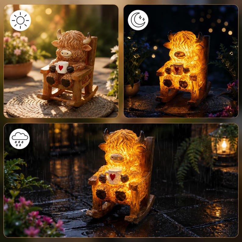 May include: A brown highland cow figurine sitting in a wooden rocking chair and holding a small white mug with a red heart. The figurine features an internal light that glows from within, illuminating the textured fur and the chair structure.