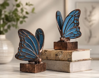 Vintage Blue Butterfly Bookends, Resin Decorative Book Ends for Shelves, Heavy Duty Book Holder, Home Office Gift for Mom