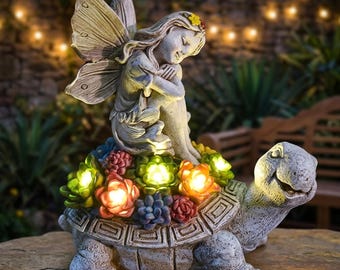 Solar Turtle Angel Garden Statue, Resin Outdoor Garden Decor with LED Lights, Patio Yard Lawn Ornament, Gift for Mom Grandma