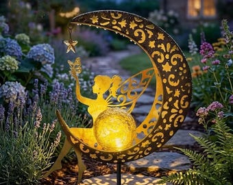 Solar Fairy Moon Garden Statue, Glowing Outdoor Fairy Light, Metal Patio Decor, Enchanted Gift for Her Outdoors