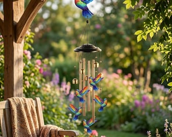 Rainbow Hummingbird Wind Chime Outdoor, Metal Garden Wind Chimes, Patio Hanging Decor, Waterproof Yard Ornament, Bird Lover Gift