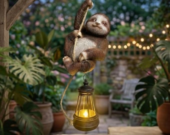 Solar Sloth Hanging Statue with Lantern, Outdoor Garden Decor, Resin Climbing Sloth Yard Art, Gift for Mom Grandma Women