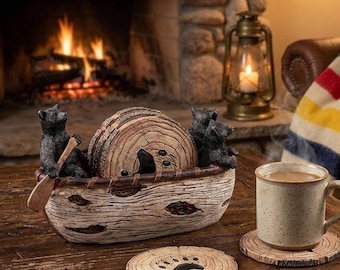 Bear Coasters Set of 6 Full Size Rustic Coasters Handmade Canoe Holder Black Bear Figurines Log Cabin Decor Rustic Lodge Home Decor Gift