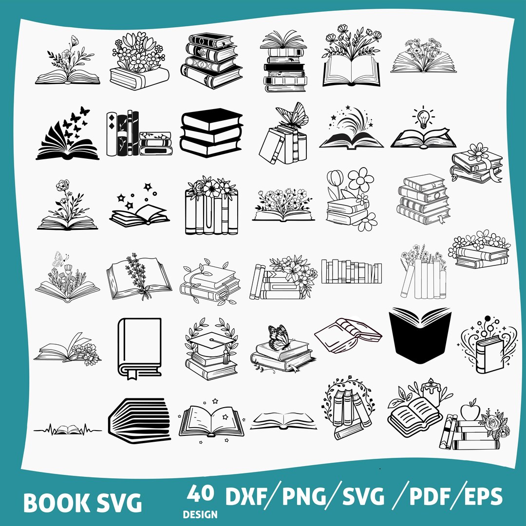 Book SVG Bundle, 40 Books Lover Clipart Svg, Floral Books Svg, Library ...
