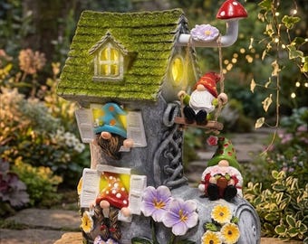 Solar Gnome Shoe House Garden Statue, Whimsical Spring Garden Decor, Fairy Yard Art, Porch Gift for Women Mom
