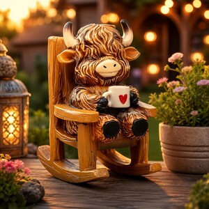 May include: A brown, shaggy Highland cow figurine sitting in a wooden rocking chair. The cow has long horns and is holding a small white mug featuring a single red heart. The figurine is crafted with detailed fur texture and dark hooves.