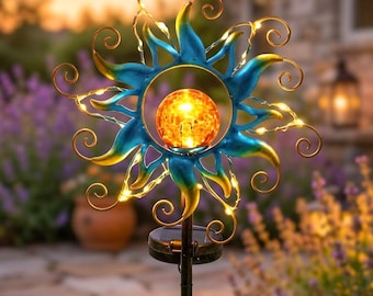 Solar Garden Stake Lights, Blue Metal Sun Crackle Glass Globe Outdoor Decor, Waterproof Patio Pathway Yard Gift for Mom Women