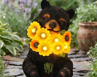 Solar Black Bear Garden Statue with Sunflowers LED Light, Resin Outdoor Garden Decor, Yard Art, Patio Ornament, Gift for Mom