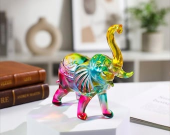 Crystal Glass Elephant Figurine, Colorful K9 Crystal Elephant Statue, Lucky Elephant Home Decor Gift for Women