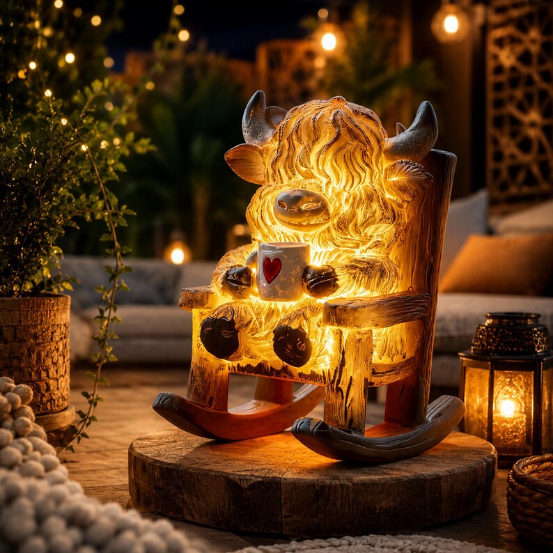 May include: A glowing, illuminated figurine of a shaggy Highland cow sitting in a wooden rocking chair. The cow has textured fur, small horns, and is holding a white mug featuring a small red heart design. The entire piece emits a warm light.