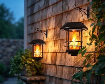 Solar Lanterns Outdoor Waterproof 2 Pack, Flickering Flame Hanging Solar Lights, Wall Patio Garden Decor, Porch Gift for Mom