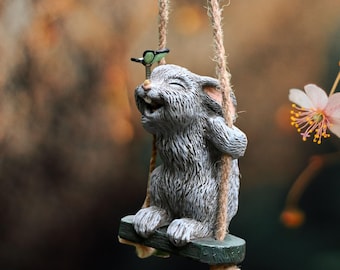 Cute Swing Bunny Garden Statue with Butterfly, Hanging Rabbit Tree Ornament, Resin Yard Decor, Easter Gift for Garden Lovers