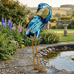 Metal Crane Garden Statue, Blue Heron Yard Art Sculpture, Large Outdoor Bird Decor for Pond Patio Lawn and Backyard