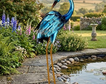 Metal Crane Garden Statue, Blue Heron Yard Art Sculpture, Large Outdoor Bird Decor for Pond Patio Lawn and Backyard