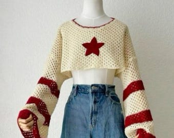 Crochet Sweater Pattern Star Applique Mesh Crop Top, Boho Crochet Top Pattern PDF, Dropped Shoulder