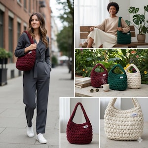 May include: A collection of handmade crochet tote bags in various colors, including burgundy, green, and cream. The bags have a rounded shape with a short handle and a small label. One bag is carried by a person walking on a city street.