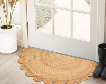Half Circle Jute Doormat, Scalloped Braided Boho Welcome Rug, Natural Sisal Entryway Mat