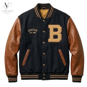 Boston Letterman Varsity Jacka Svart Ull Bomber Mode Anpassad Stor B-lapp