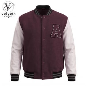 Classic Varsity Letter Jacket, 'A' Patch Bomber Coat, Red White or Burgundy,Unisex Letterman