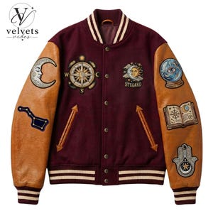 Celestial Varsity Jacket | Embroidered Patch Letterman Jacket | Mystical Moon Stars Tarot Baseball  | Burgundy