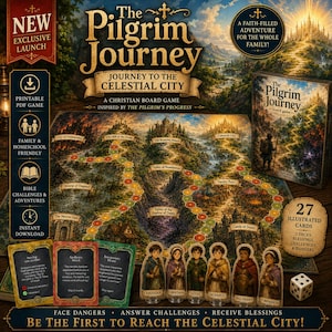 Pode incluir: O jogo de tabuleiro The Pilgrim Journey inclui um tabuleiro com um caminho sinuoso através de paisagens ilustradas, uma caixa de jogo, 27 cartas ilustradas e seis figuras de personagens. O tabuleiro mostra locais como a Cidade Celestial e o Vale da Sombra da Morte, com texto detalhando desafios, bênçãos e perigos.
