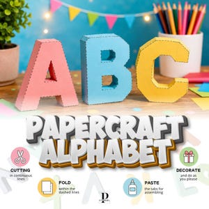Può includere: Lettere dell'alfabeto di carta A, B e C in rosa, blu e giallo. L'immagine include le istruzioni per tagliare, piegare, incollare e decorare le lettere di carta. Viene visualizzato anche il testo "PAPERCRAFT ALPHABET".