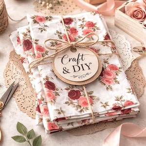 May include: A stack of white fabric featuring a red and pink rose floral pattern, tied with brown twine. A circular beige tag is attached to the twine with the black printed text Craft & DIY. The fabric is folded into a neat rectangular stack.