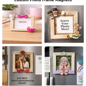 Puede incluir: Una colección de imanes personalizados para marcos de fotos. Los marcos de madera clara están decorados con elementos como un lazo rosa, un corazón y diseños de café. El texto "Take it easy" e "Insert Your Photo Here!" es visible.