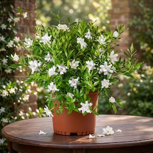 May include: A potted gardenia plant with vibrant green foliage and numerous white flowers. The plant is in a terracotta-colored pot, sitting on a wooden table. Fallen petals are scattered around the base of the pot, suggesting recent blooms.