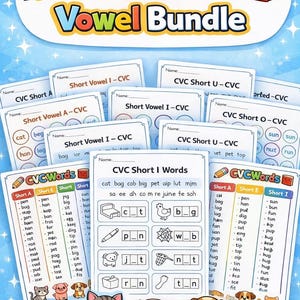 May include: A CVC Short Vowel Bundle educational worksheet set featuring multiple pages with word lists, fill-in-the-blank exercises, and illustrations of a cat, pig, and dog. The title text reads CVC Short Vowel Bundle and CVC Words.