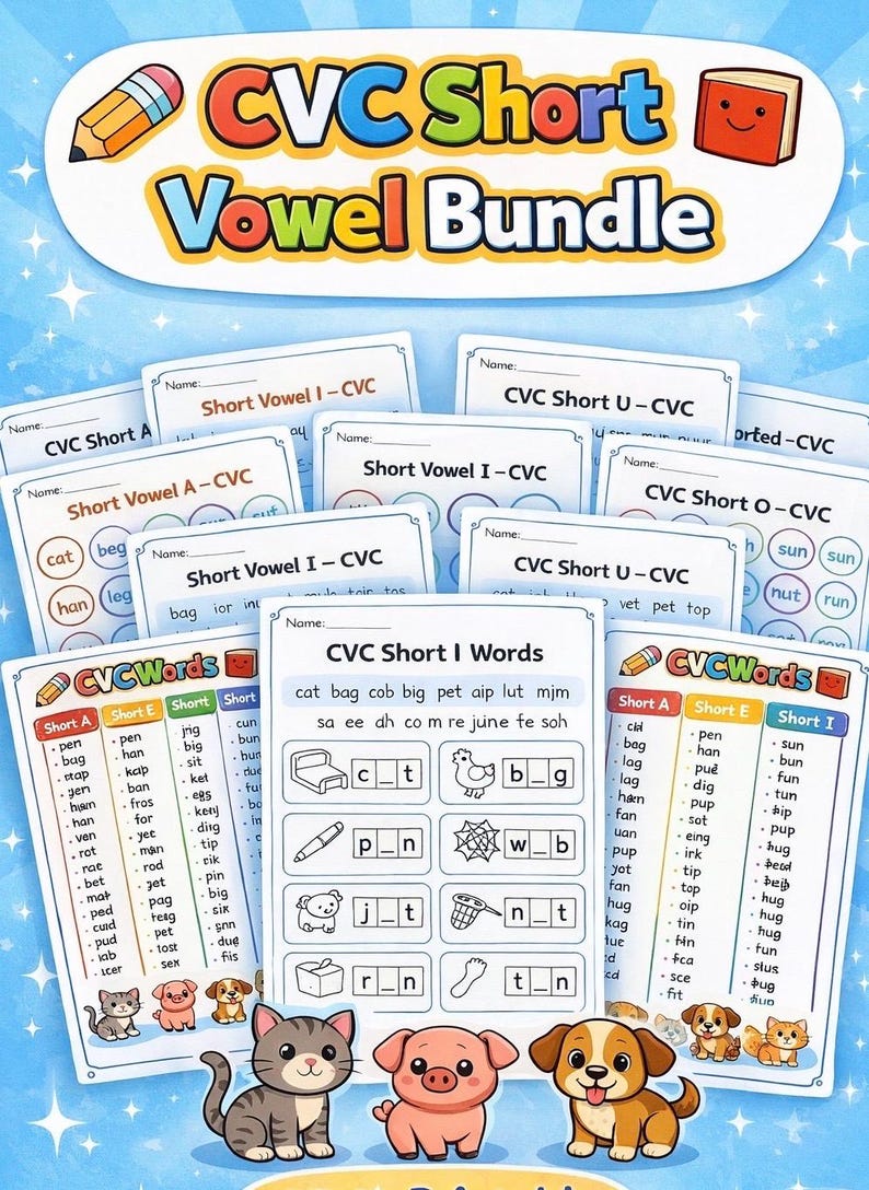 CVC Short Vowel Bundle | Printable CVC Word Posters + Worksheets ...