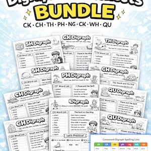 May include: A bundle of digraph worksheets for early literacy education. The worksheets feature various digraphs like CK, CH, TH, and PH, with word lists and activities. The bundle includes gold coins at the bottom.